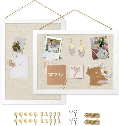 Miniatura 10 de Tablero de corcho de doble cara con lino, tablero de anuncios pequeño con marco de madera colgante de 12 x 12 pulgadas, kit de tablero de visión