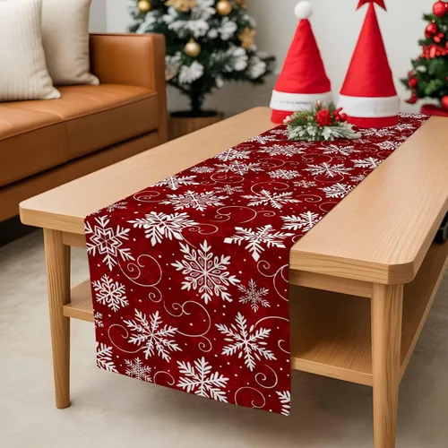 Miniatura 8 de Camino de mesa de copos de nieve rojos de 36 pulgadas de largo para decoración de mesa de comedor, camino de mesa de lino de algodón lavable, camino