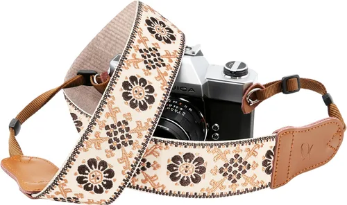 Miniatura 38 de Padwa Lifestyle Correa para cámara de flores marrones, correa de algodón de doble capa de piel de vaca de 2 pulgadas de ancho, bordado jacquard Flor