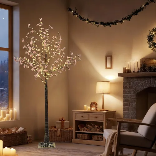 Miniatura 6 de LuxenHome - Árbol de Gypsophila iluminado de 5 pies, árboles iluminados, decoraciones de Navidad, árboles artificiales preiluminados, decoración
