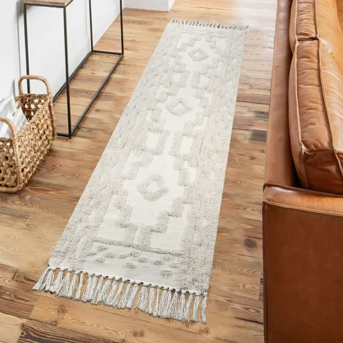 Miniatura 12 de Uphome Alfombra bohemia para pasillo de 2 x 6 pies, color beige, de algodón, lavable, con borlas, tejida a mano, alfombra de pasillo occidental