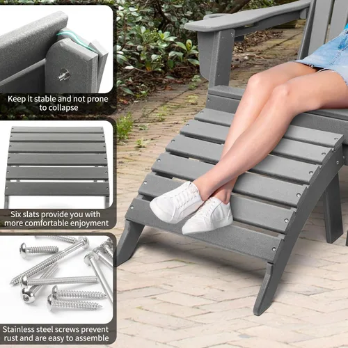 Miniatura 5 de FUNBERRY Otomana Adirondack plegable, HDPE para todo tipo de clima, reposapiés de patio de fácil almacenamiento, otomanas y reposapiés para Gris