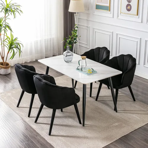 Miniatura 4 de Juego de 2 sillas de comedor de terciopelo modernas con respaldo de pétalos y patas de madera, cómodas sillas laterales tapizadas para comedor, Negro