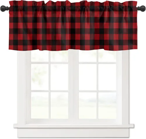 Miniatura 25 de Cenefa de cortina con lazo rojo de Navidad para ventanas, sala de estar, cocina, baño, granja, bolas de Navidad de acuarela con diseño de bayas