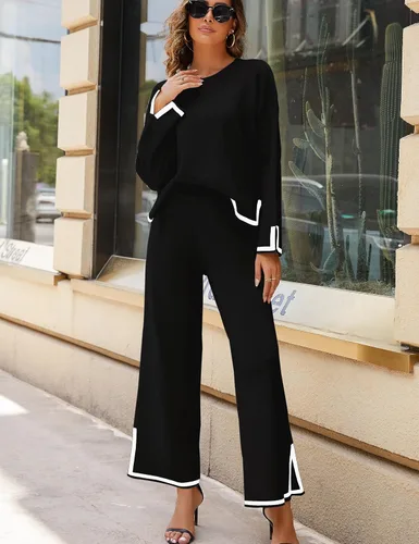 Miniatura 2 de Faleave Conjunto de 2 piezas de punto para mujer, suéter de manga larga, sin botones, pantalones de pierna ancha, conjunto de ropa deportiva