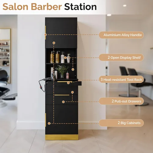 Miniatura 4 de OmySalon Estación de peluquería, estación de peluquería para estilista, gabinete de almacenamiento de belleza con acabado de acero inoxidable, Negro