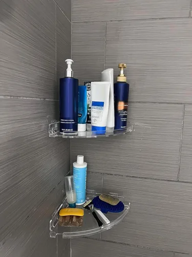 Miniatura 6 de JiePai Estante esquinero de acrílico para ducha con ganchos, paquete de 2, organizador adhesivo de ducha de baño montado en la pared