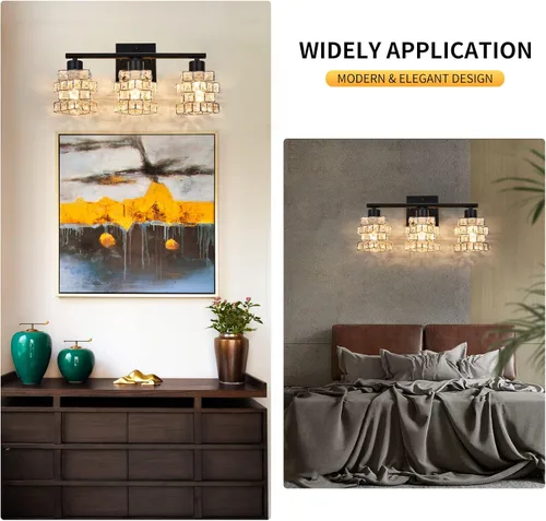 Miniatura 9 de Lámpara de tocador de baño de 3 luces, lámpara de cristal sobre el espejo, negro mate y luces de pared interiores giratorias de cristal Pantalla