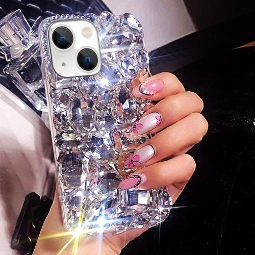 Miniatura 13 de Funda de lujo con pedrería para iPhone 15, funda de teléfono con purpurina 3D brillante y diamantes, color negro