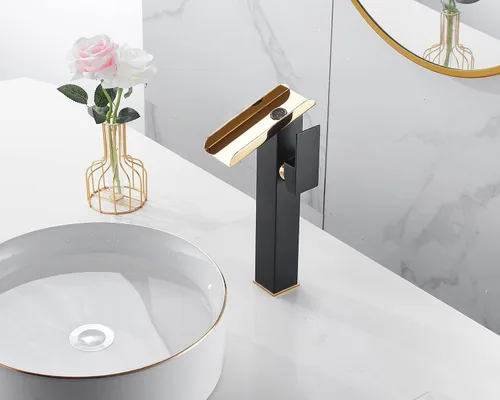 Miniatura 5 de Grifo de Recipiente Negro para Baño Cascada Boquilla Abierta LED Cambio de Color por Temperatura Grifo de Lavabo para Fregadero de Tazón Mango