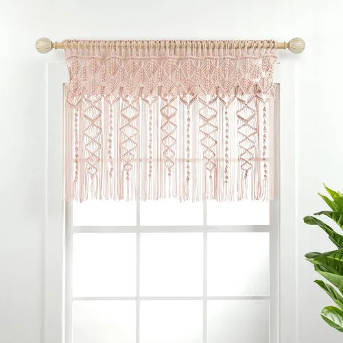 Lush Decor Cenefa de algodón texturizado de macramé bohemio, 40 pulgadas de ancho x 30 pulgadas de largo, color rubor, cortinas bohemias de cocina y