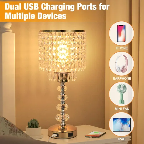 Miniatura 3 de Lámpara de mesa de cristal con control táctil, regulable de 3 vías, lámpara pequeña para mesita de noche con 2 puertos de carga USB, lámpara de mesa