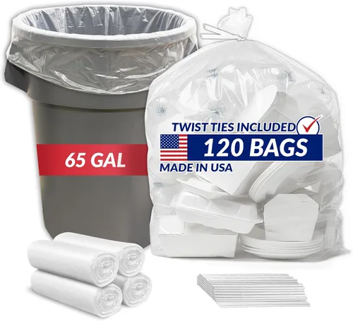 Reli. Bolsas de basura resistentes de 65 galones | 120 bolsas de basura con lazos | Limpieza de basura súper grande, transparente y seria