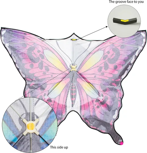 Miniatura 5 de Cometa grande de mariposa para niños y adultos, fácil de volar, para principiantes, cuerda de una sola línea con cola para viajes a la playa, Rosa