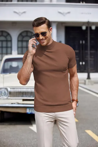 Miniatura 2 de COOFANDY Suéter de cuello alto falso para hombre, de manga corta, color sólido, básico, ajustado, de punto