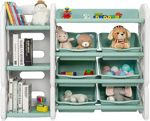 HONEY JOY Organizador de almacenamiento de juguetes para niños de 4 niveles con 6 contenedores, unidad de almacenamiento de juguetes 2 en 1 con Verde