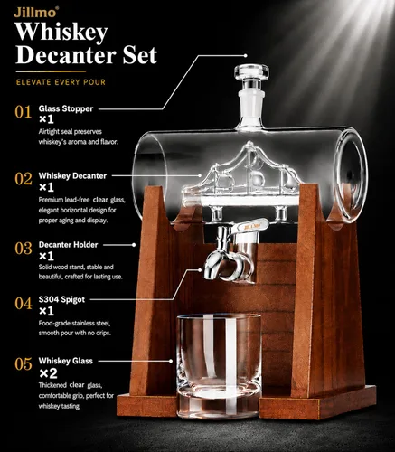 Miniatura 6 de Juego de decantadores de whisky Jillmo para hombres, juego de decantador de 1250ml con 2 vasos de whisky, ideal para regalos de bourbon para hombres