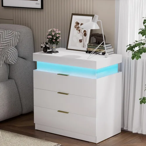 Miniatura 10 de Mesita de noche LED con 3 cajones, moderna mesita de noche blanca con espacio de almacenamiento oculto en la parte superior, mesita de noche