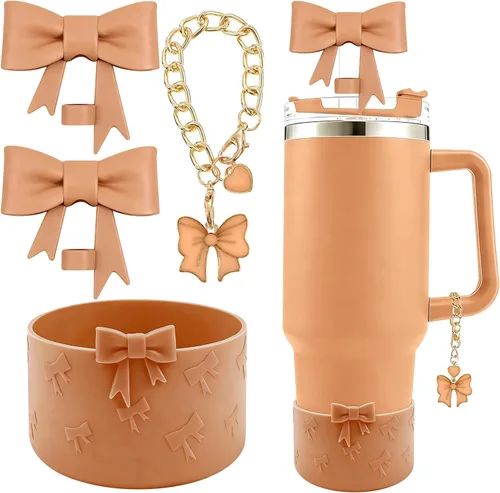 Miniatura 11 de Conjunto de accesorios para taza Hpebl para Stanley, incluye 2 tapas de pajita con moño lindo de 10 mm, tapones reutilizables para pajita, 1 funda