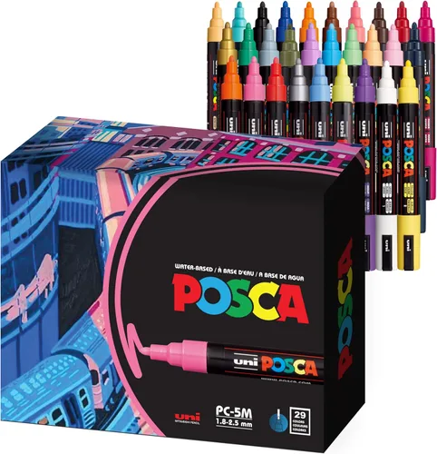 Uni Posca - Marcadores de pintura de 5M, marcadores acrílicos medianos con puntas reversibles, recomendados por artistas para regalos, decoraciones,