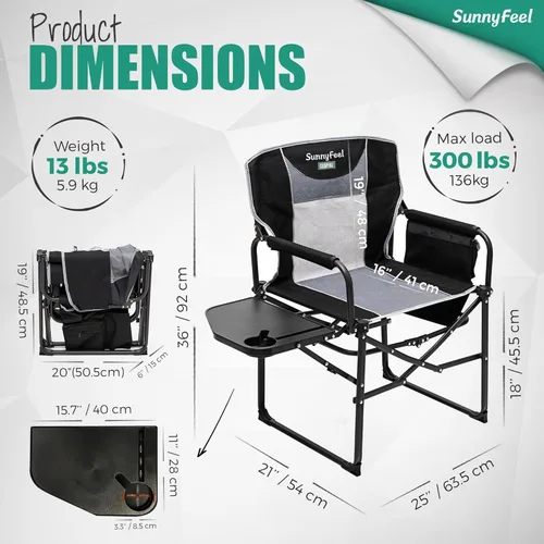Miniatura 3 de SUNNYFEEL Silla de directores de camping, resistente, silla plegable portátil de gran tamaño con mesa auxiliar, bolsillo para playa, pesca, viaje