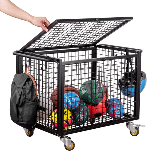 MyGift Carrito de almacenamiento de pelotas deportivas de metal negro para parque infantil, Dodge Ball, baloncesto, pelota de fútbol, canasta de