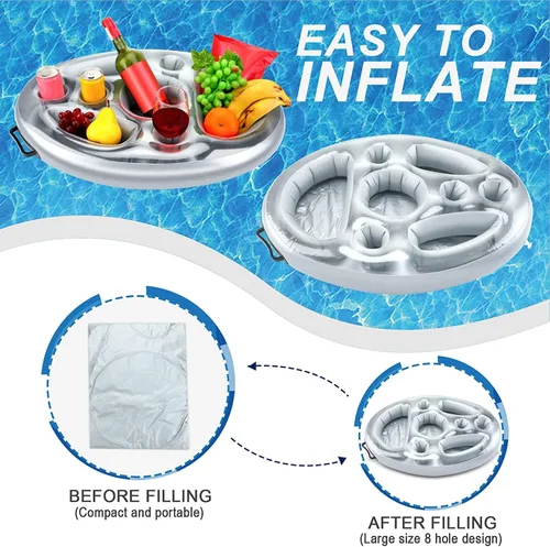 Miniatura 4 de Soporte inflable flotante para bebidas para piscina, la mesa de bandeja tiene portavasos y latas de bebidas con cuenco de aperitivos, PVC duradero