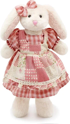 Miniatura 2 de Oitscute Pequeño y suave conejo de peluche blanco con vestido de cuadros rojos, juguete de 38 cm para bebés y niñas Conejo blanco con vestido rojo a