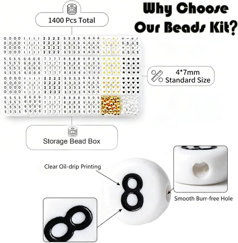 Miniatura 2 de 1400 cuentas redondas blancas y negras para pulseras, cuentas digitales de símbolo matemático del 0 al 9, juego de cuentas acrílicas de número