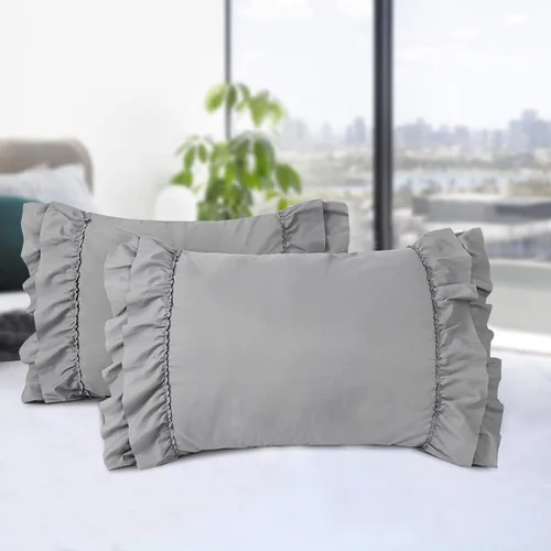 HIG Paquete de 2 fundas de almohada elegantes con volantes, tamaño Queen, color gris, estilo campestre francés, vintage, con volantes artesanales,