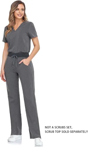 Miniatura 7 de COMENII Pantalones médicos para mujer, pantalones de tiro medio de pierna recta con cintura de yoga de punto, pantalones quirúrgicos antiarrugas