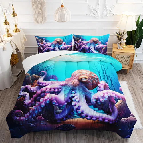 Miniatura 17 de AILONEN Lindo juego de edredón de ajolote tamaño Queen, 3 piezas para niños y niñas, ropa de cama en una bolsa, ropa de cama costera azul turquesa