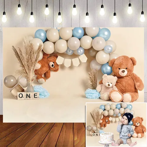 Bear Newbown - Globo de ruptura de pastel de primer cumpleaños, decoración de fondo de bebé, estudio fotográfico, cartel de fiesta de primer