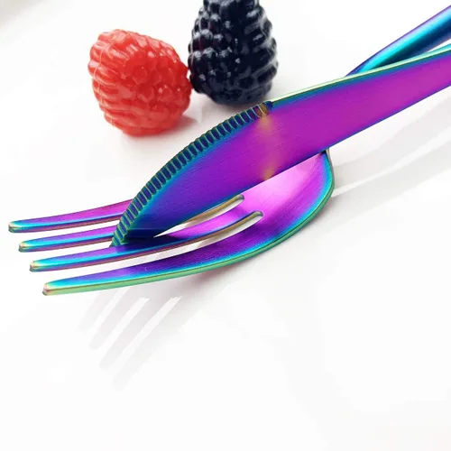 Miniatura 6 de JASHII Juego de cubiertos de 20 piezas, juego de cubiertos de acero inoxidable para 4 vajillas multicolor, incluye cuchillo, tenedor, cuchara, Arco