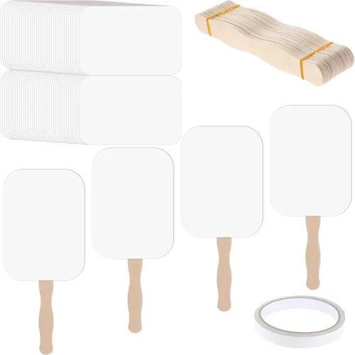 TaoBary Juego de 50 abanicos de papel de bricolaje para iglesia, palos de mano, mango de madera, palos de manualidades, ondulados con cinta de