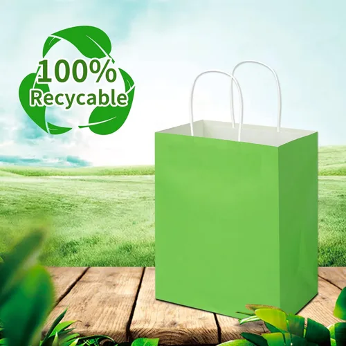 Miniatura 4 de Toovip Paquete de 100 Bolsas de Papel Kraft Verde Hierba Medianas de 8 x 4.75 x 10 Pulgadas con Asas a Granel, Bolsas de Envolver Regalos