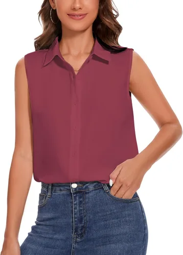 Miniatura 13 de YAMANMAN Camisa sin mangas con botones para mujer, blusa clásica con cuello redondo, camiseta básica de gasa para el trabajo y la oficina