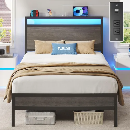 Miniatura 7 de Fluest Base de cama Queen con cabecero y estribo, marco de cama con estación de carga integrada y luz LED, estante de almacenamiento, sin ruido,