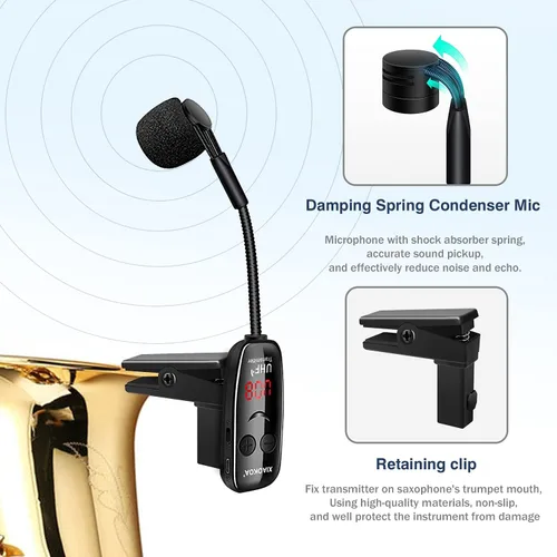 Miniatura 2 de Micrófono inalámbrico para saxofón, micrófonos UHF para saxofón, micrófono con clip de carga y pantalla digital, para trompeta, tuba, trombón