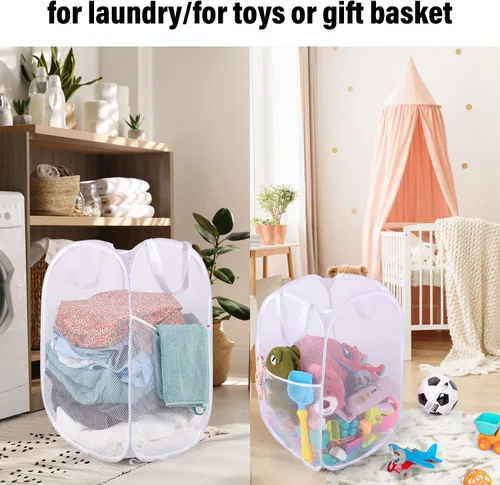 Miniatura 5 de BATTOO Cesta de lavandería desplegable de malla fuerte de lujo con bolsillo lateral para lavandería, baño, habitación de los niños, dormitorio Blanco