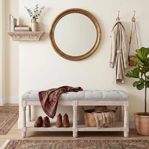 Miniatura 11 de Kmax Banco de Almacenamiento para Entrada Acolchado Banco Zapatero Banco de Ventana de Madera Negra para Pasillo Entrada Dormitorio Esquina, Beige