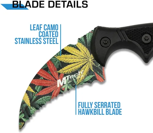 Miniatura 3 de MTech USA Cuchillo de hoja fija - Hoja de halcón dentada con patrón de malezas multicolor, mango moldeado por inyección negro, espiga completa