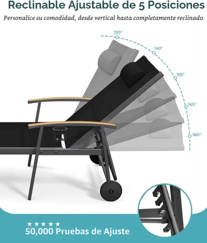 Miniatura 5 de Ciokea Sillón para exteriores con almohada, tumbona de aluminio de 5 posiciones con ruedas y reposabrazos, silla de piscina resistente de 400 libras