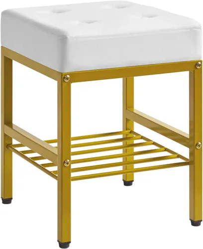 IBUYKE Taburete de maquillaje cuadrado con pies ajustables y espacio de almacenamiento, silla reposapiés, asiento de tocador de PU, multiusos como
