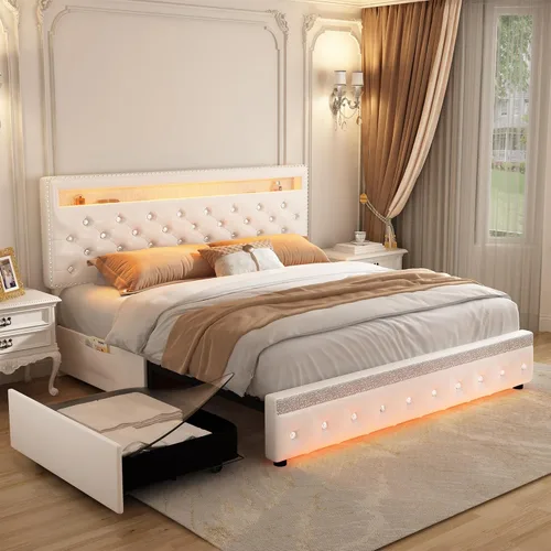 Miniatura 9 de Marco de Cama Queen con LED y 2 Cajones, Cabecero de Plataforma Moderno Resistente Ajustable Tapizado con Botones de Cristal Acolchado, Marco de Gris