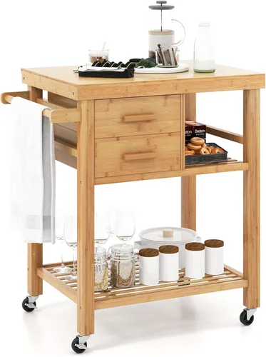 LOKO Carrito de isla de cocina con ruedas, carrito de cocina con ruedas, carrito de cocina de madera rodante con cajones, estantes, toallero y