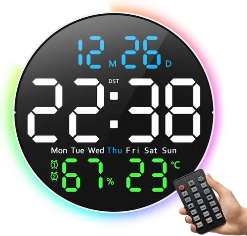 Miniatura 7 de Reloj de pared digital, pantalla LED grande de 10 pulgadas, reloj digital con luz RGB, control remoto, atenuador de brillo automático con luces