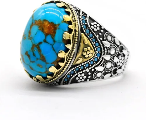 Miniatura 8 de Retro Natural Turquoise Ring for Men, 925 Sterling Silver Oval Sky Blue Stone Statement Ring,Turkish Vintage Engraving Design Handmade