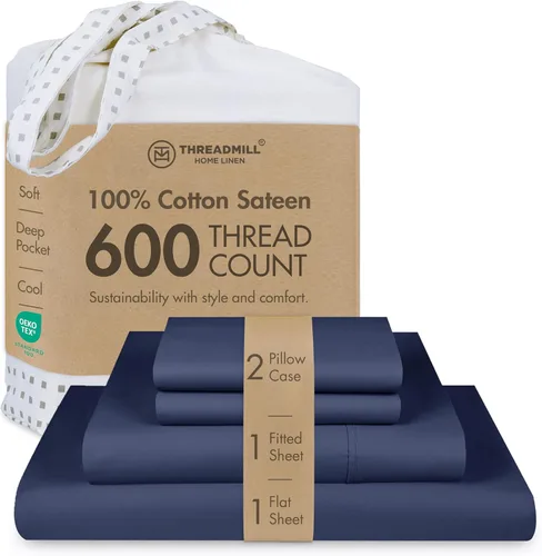 Miniatura 26 de Threadmill Sábanas de Algodón 100% para Cama Tamaño Queen - Juego de Sábanas Queen de 600 Hilos con Bolsillo Profundo de 16" - Juego de Ropa de Cama