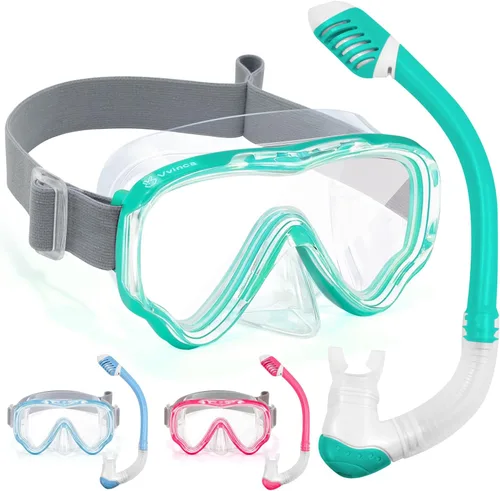 Vvinca Snorkel Set for Kids 3-14, Dry Top Snorkeling Gear for Boys Girls Youth, Panoramic View Swim Goggles with Nose Cover & Anti-Fog Lens, Junior